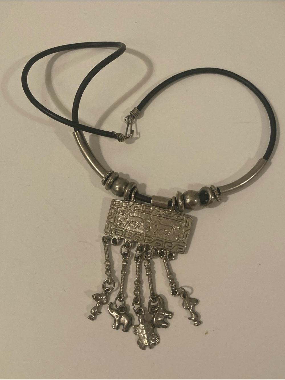 VTG 90’s Cord Necklace Black W/ Silver Charms In Snoopy/Elephant/Turtle Handmade
